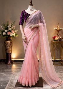 Designer Peach  Sequin Saree without Blouse
