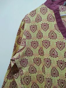 Ruhaans Yellow Kurta With Maroon Prints And Trim
