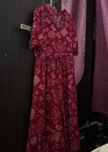 Stylish Red Bandhani Print Maxi Dress