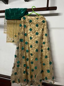 green blouse with golden skirt and shawl