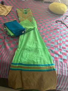 Mint Green &amp; Blue Embroidered Ethnic Gown/anarkali