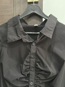 Chic Black Ruched Button-Up Top
