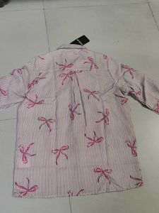 Shein Striped Bow Print Button-Up Shirt