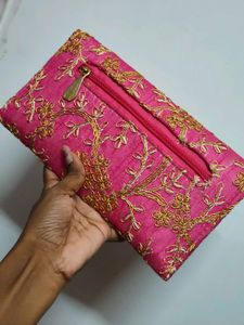 Pink Embroidered Clutch with Pearls