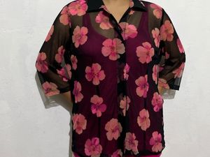 Sheer Floral Button-Up Top