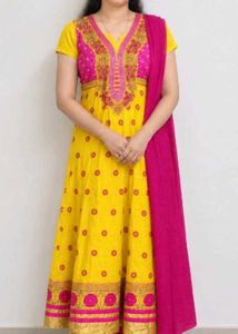 Vibrant Yellow Kurta Set with Pink Dupatta
