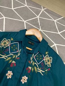 Embroidered Teal Button-Down Shirt