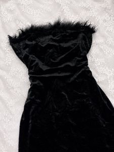 Black Velvet Feather Trim Dress