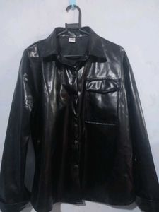 Black Faux Leather Button-Up Jacket –