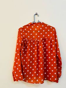 Orange Polka Dot Button-Up Blouse