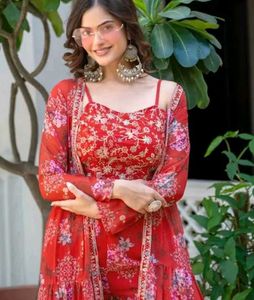 Red Floral Print Lehenga Choli Set