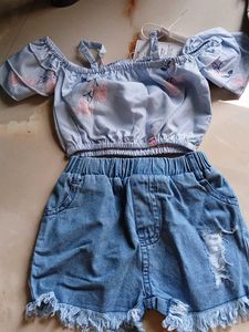 Girls Off-Shoulder Crop Top & Denim Shorts Set