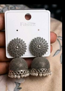Oxidized Silver Jhumka Earrings with Pearls