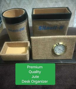 Premium Jute Desk Organizer with Clock