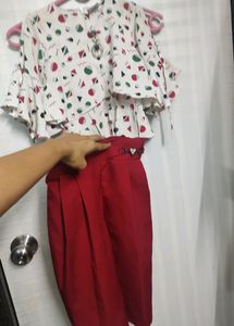Cute Geometric Print Top & Red Pants Set....