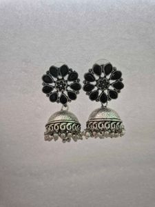 Black Floral Jhumka Earrings