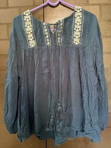 Teal / navy blue color Boho Tunic Top with Tassel