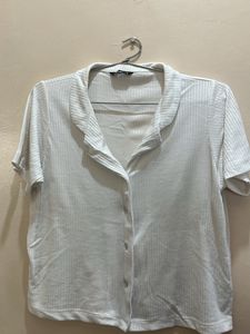 White Ribbed Shirt Top