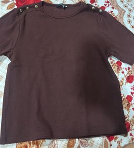 people Brown Ribbed T-shirt with Button Detail