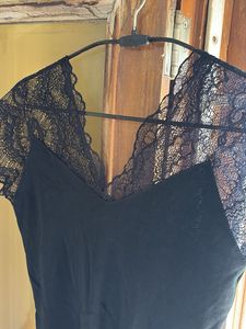 Black Lace Trim Bodysuit Top