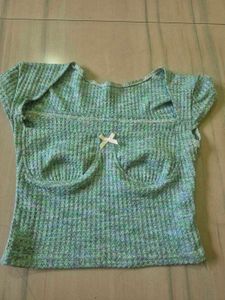 Cute Green Waffle Knit Top with Bow
