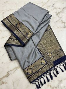 Elegant Grey Saree with Golden Zari Border
