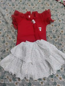 Cute Red Top & White Skirt Set