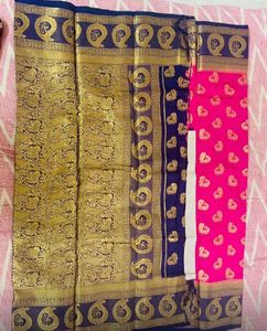 Elegant Pink and Navy Saree with Peacock Motif