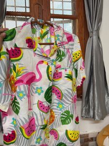Fun Flamingo & Fruit Print Button-Up Top