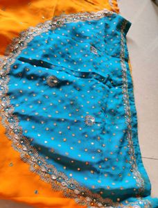 Designer Orange blue heavy work saree