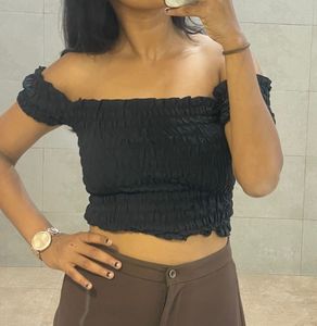 Black Off-Shoulder Smocked Crop Top