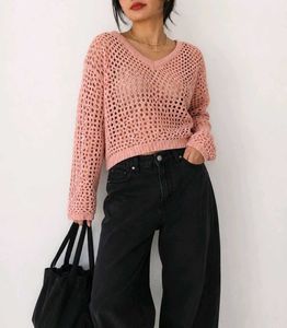 pink Crochet V-Neck Sweater
