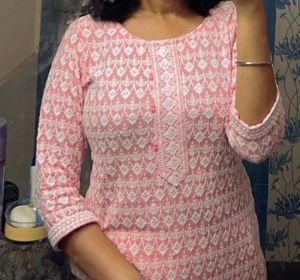 Pink Chikankari Kurta with White Pants