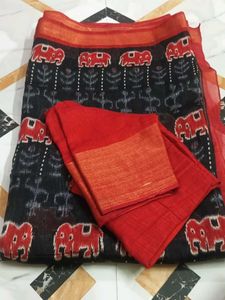 Black &amp; Red Elephant Print Saree