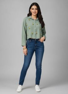 Green Embroidered Cropped Shirt