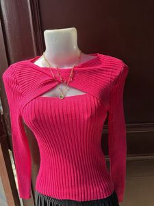 Hot Pink Cut-Out Ribbed Knit Top