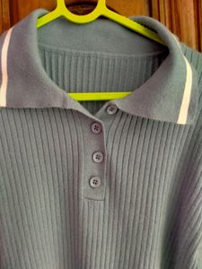 Blue Cropped Polo Knit Top