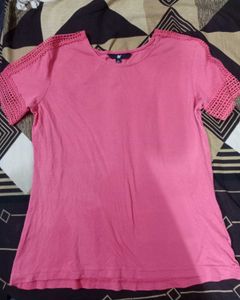 🌸 Pink Crochet Sleeve Top – Size L 🌸