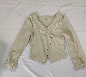 Cream Corduroy Lace Trim Blouse
