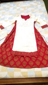 Elegant Cream Kurta with Red joint Skirt
