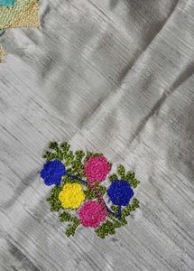 Embroidered Grey &amp; Teal Saree
