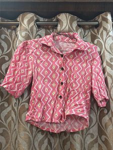 Pink Printed Puff Sleeve Collared Top
