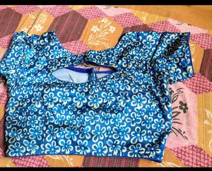 Blue Floral Print Blouse boat neck