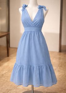 Blue Tie Strap Dress Deep neck