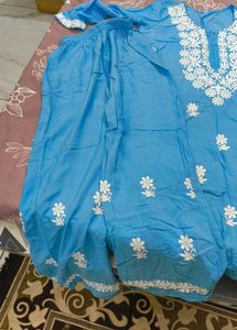 Sky Blue Kurta Set with White Embroidery