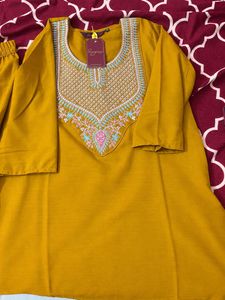 Branded Embroidered Mustard Kurta Set