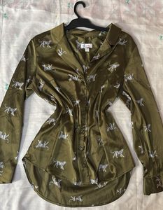 Olive Green Tiger Print Button-Up Shirt