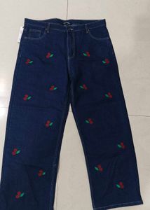 Shein cherry Embroidered Wide-Leg Jeans with tag