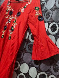 unused Red Embroidered Kurta