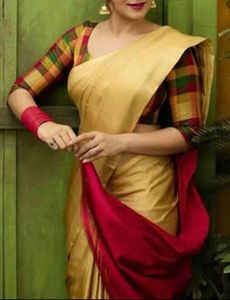 Elegant Gold Silk Saree with Maroon Border